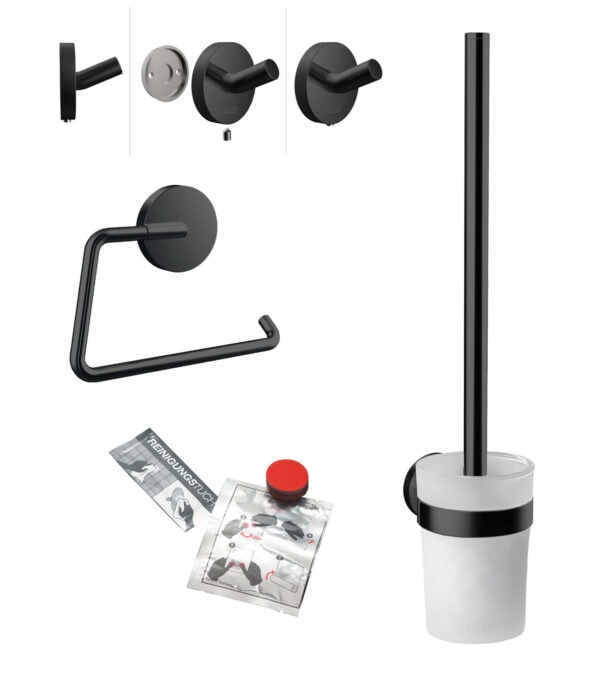 emco round WC set zwart, bestaande uit papierhouder, toiletborstelgarnituur, haak en montagelijm-set (emco glue system)